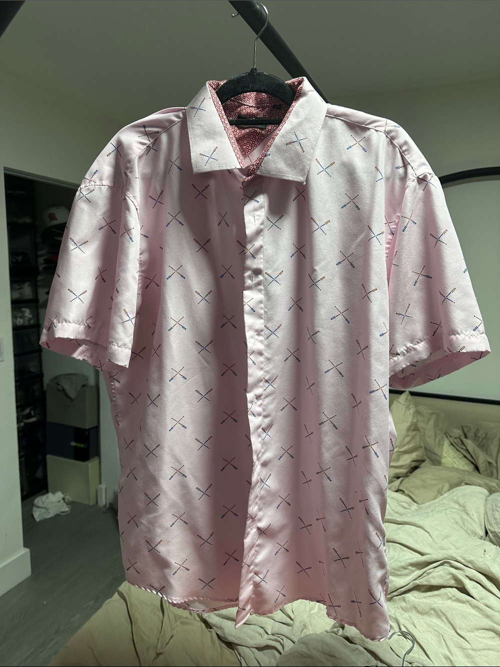 Men's Pink Short-Sleeve Button-Down Shirt with Cross Print